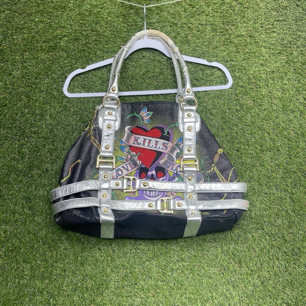 Vintage Ed Hardy Love Kills Slowly Satchel Shoulder Bag Bling Rhinestone Skull